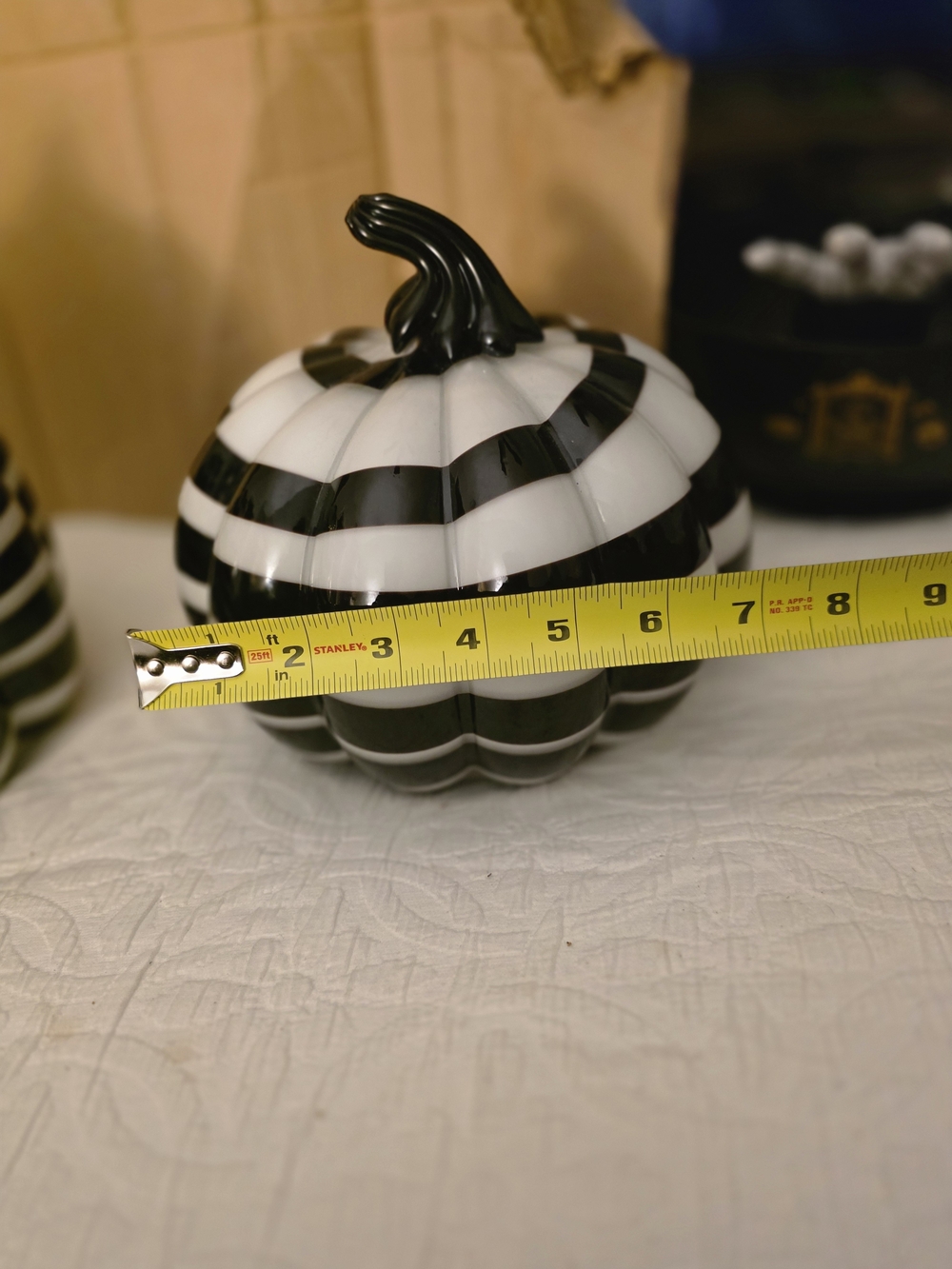 Blown Glass Black And White Striped Pumpkin